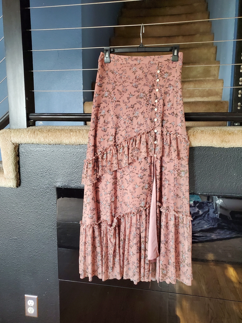 American Rag Rose Pink Floral Tiered Maxi Skirt with Button Accents